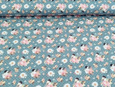 Preview: Baumwolljersey Vogel im Blumenzweig auf Punkte Jeansblau